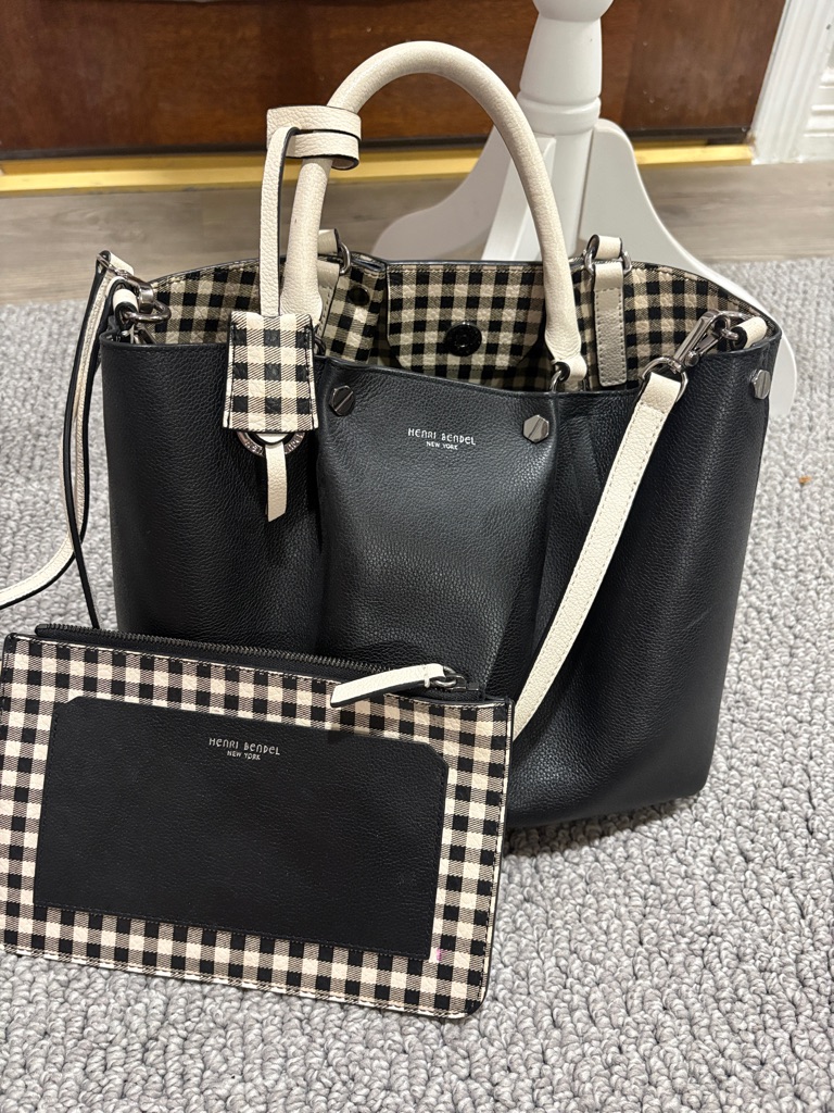 Henri Bendel Black And Cream Check Tote With Matching Pouch